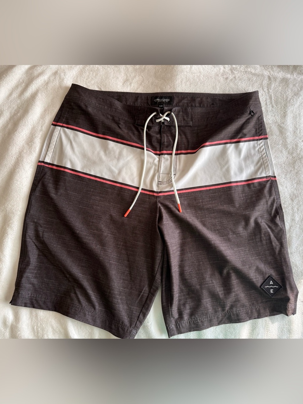 American Eagle Outfitters Brown Swim Board Shorts with White & Coral Stripes